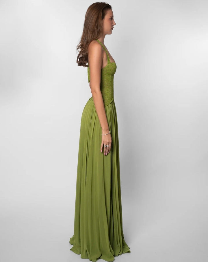 Pleated maxi dress with a lace design, back tie, and waist fastening - MELIA