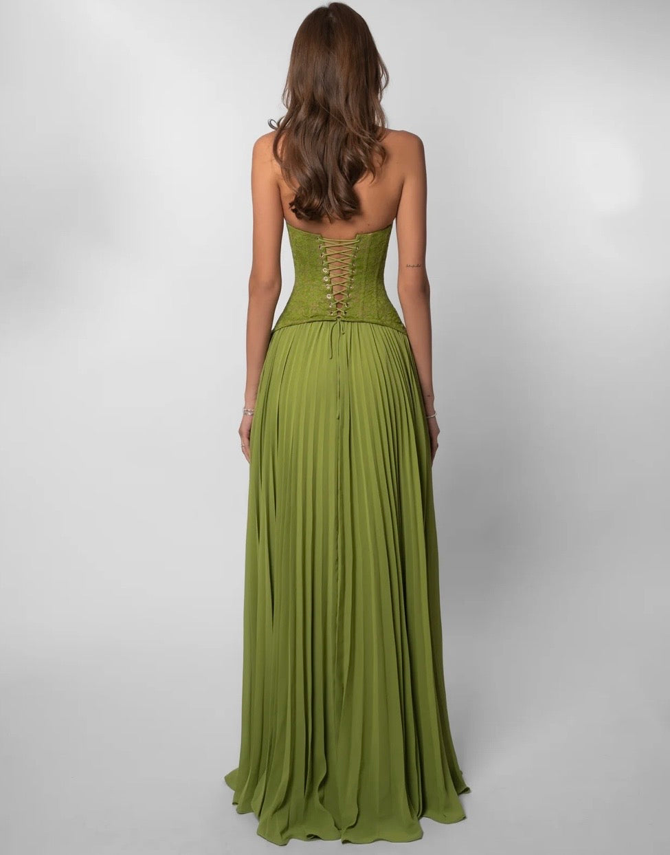 Pleated maxi dress with a lace design, back tie, and waist fastening - MELIA