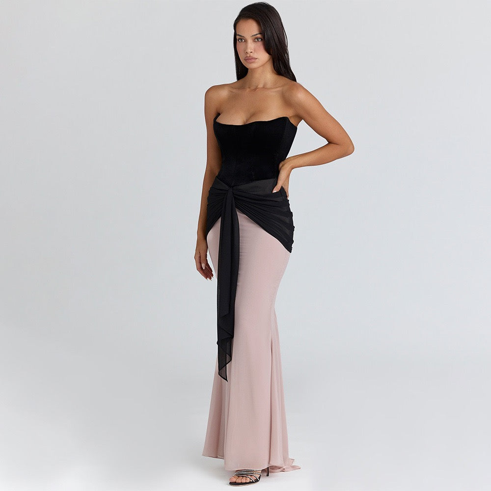 Strapless Velvet Corset Maxi Dress with Ruching and Chiffon Design - CAROLS