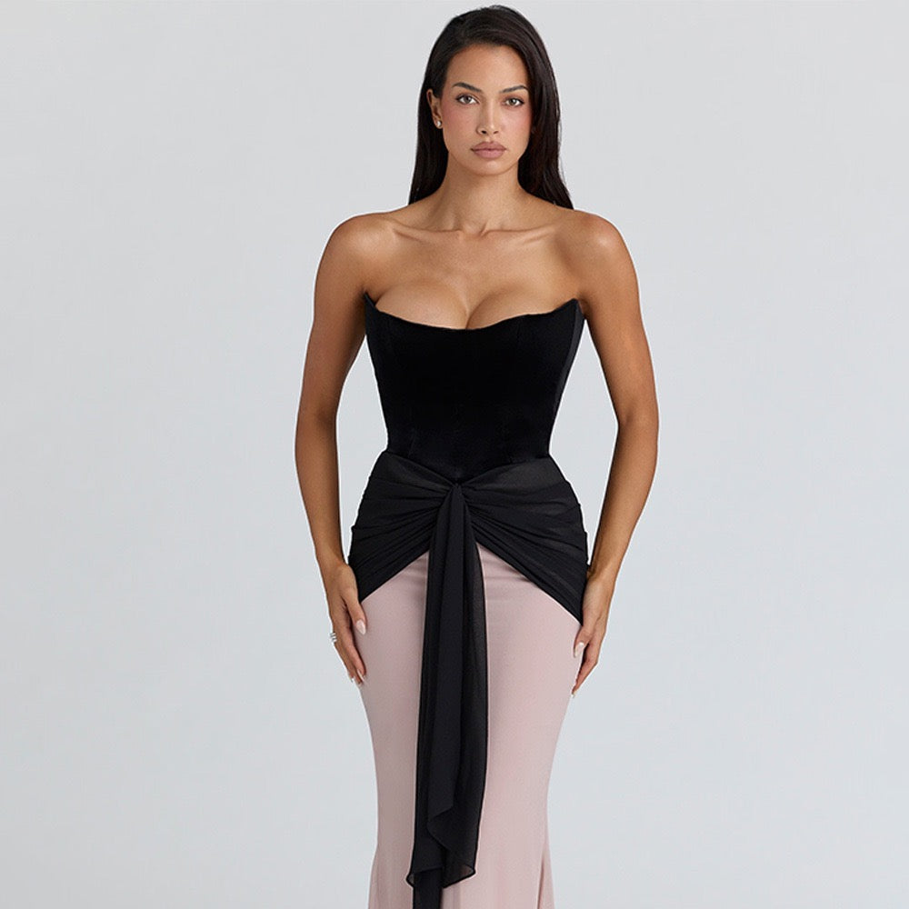 Strapless Velvet Corset Maxi Dress with Ruching and Chiffon Design - CAROLS