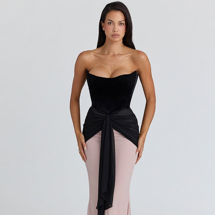 Strapless Velvet Corset Maxi Dress with Ruching and Chiffon Design - CAROLS