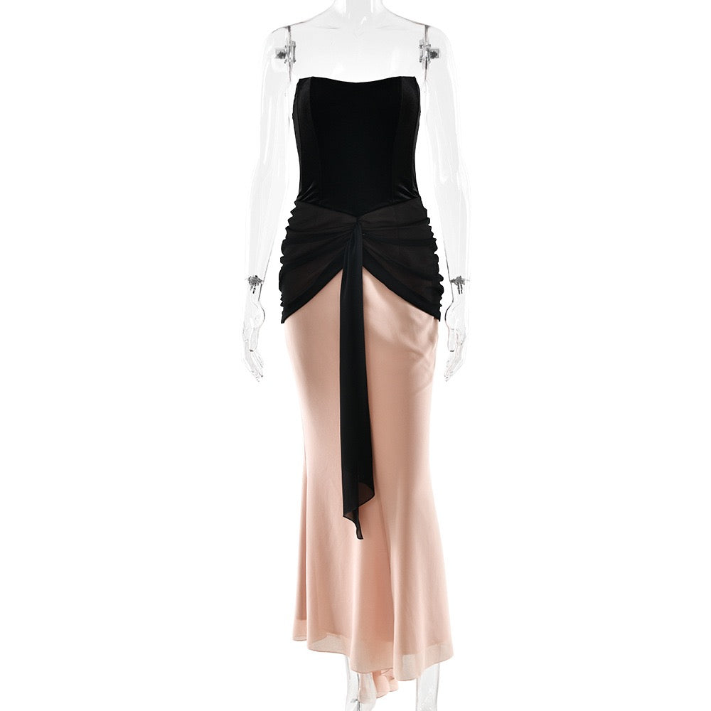 Strapless Velvet Corset Maxi Dress with Ruching and Chiffon Design - CAROLS