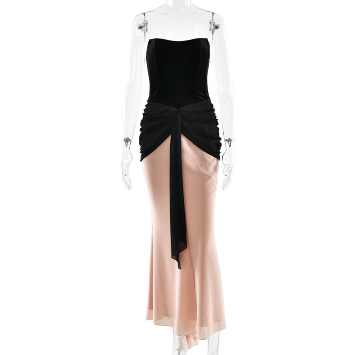 Strapless Velvet Corset Maxi Dress with Ruching and Chiffon Design - CAROLS