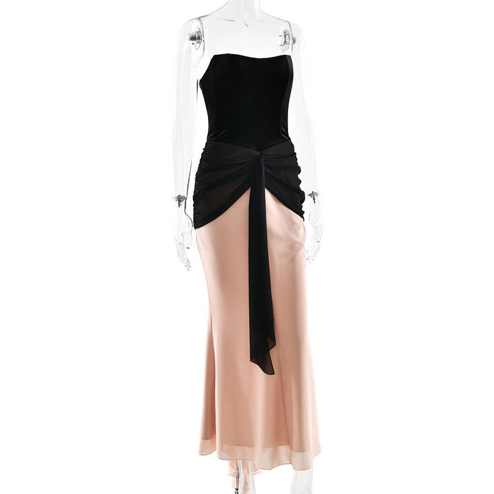 Strapless Velvet Corset Maxi Dress with Ruching and Chiffon Design - CAROLS
