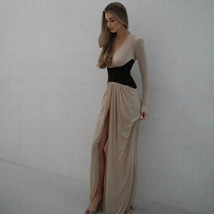 Corset maxi dress with slit and pleats, V-neckline, open back - TANIR