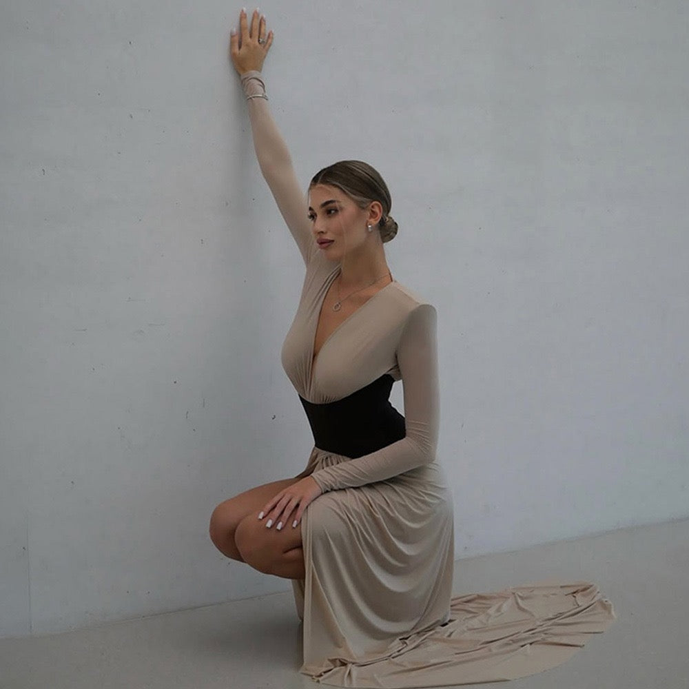 Corset maxi dress with slit and pleats, V-neckline, open back - TANIR