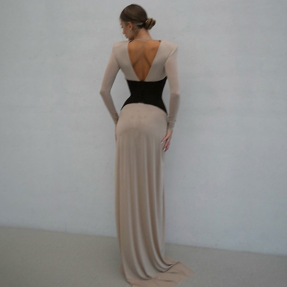 Corset maxi dress with slit and pleats, V-neckline, open back - TANIR