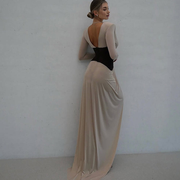 Corset maxi dress with slit and pleats, V-neckline, open back - TANIR