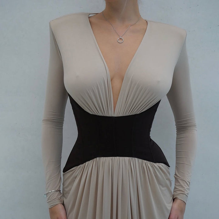 Corset maxi dress with slit and pleats, V-neckline, open back - TANIR