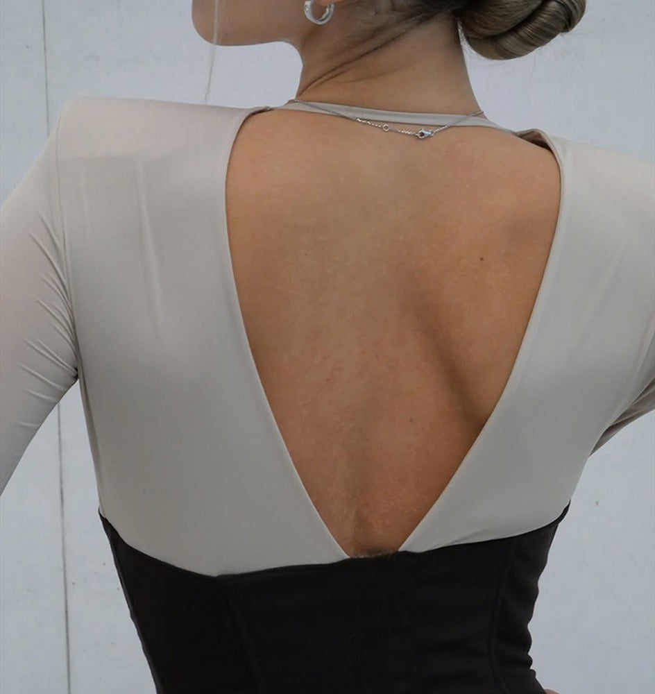 Corset maxi dress with slit and pleats, V-neckline, open back - TANIR