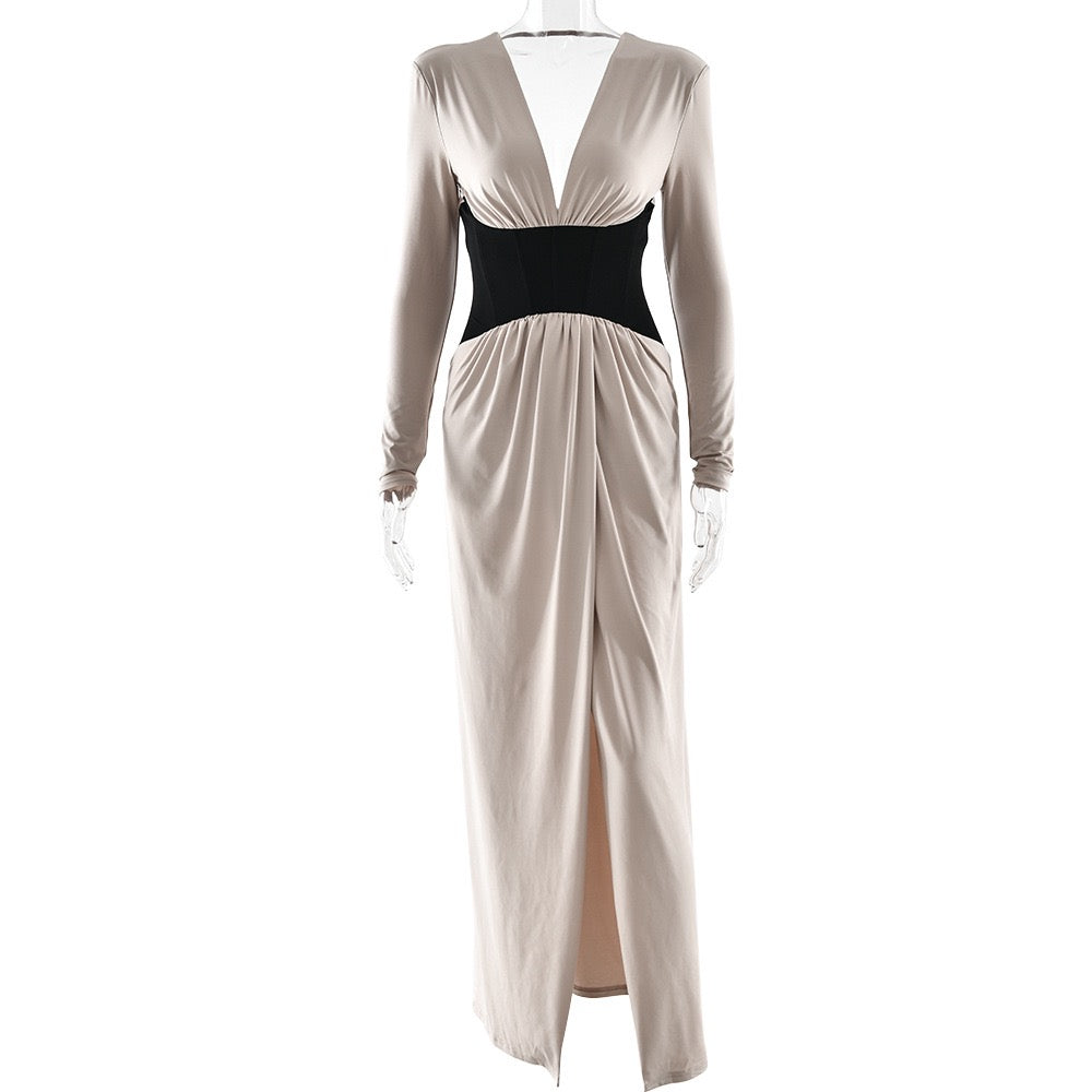 Corset maxi dress with slit and pleats, V-neckline, open back - TANIR