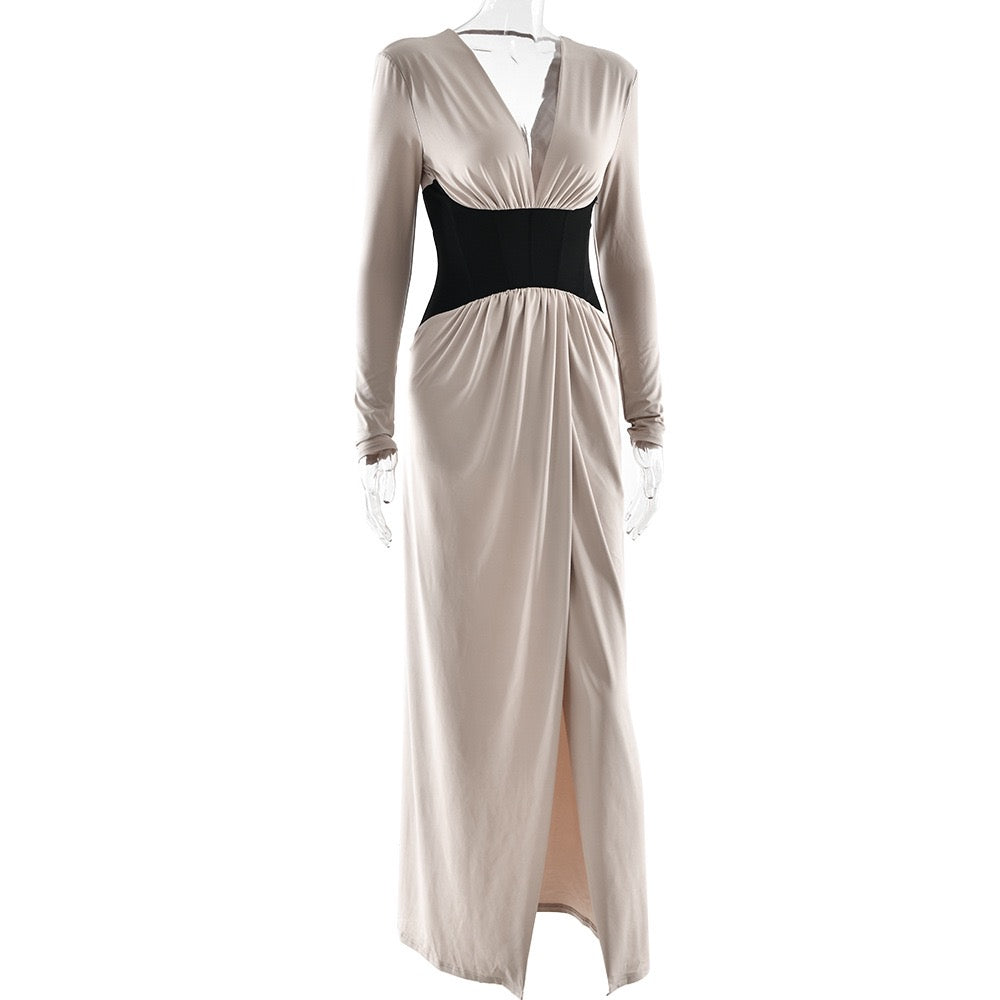 Corset maxi dress with slit and pleats, V-neckline, open back - TANIR