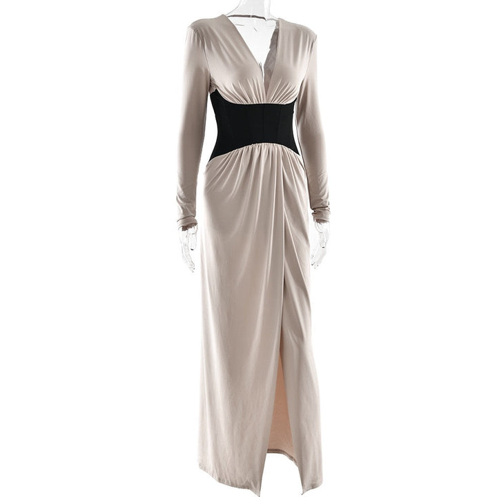 Corset maxi dress with slit and pleats, V-neckline, open back - TANIR