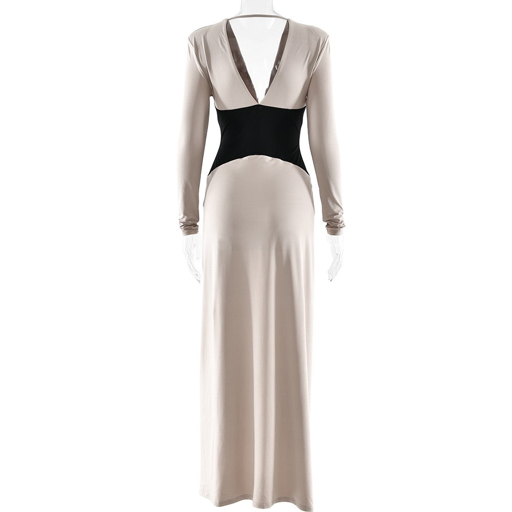 Corset maxi dress with slit and pleats, V-neckline, open back - TANIR