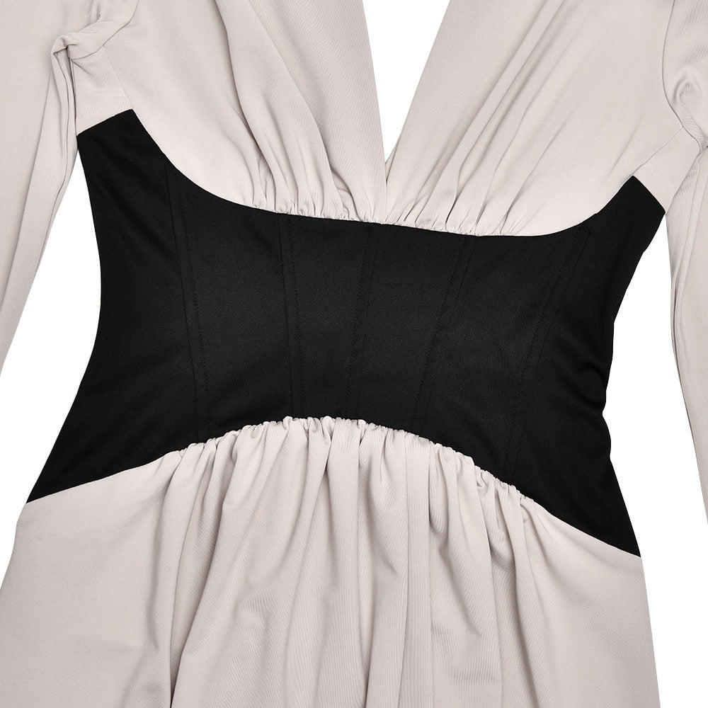 Corset maxi dress with slit and pleats, V-neckline, open back - TANIR