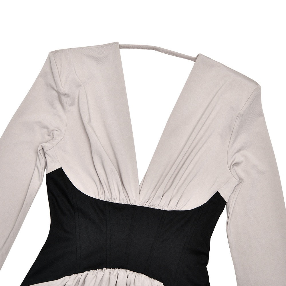 Corset maxi dress with slit and pleats, V-neckline, open back - TANIR