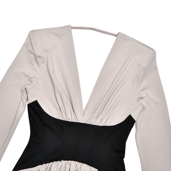 Corset maxi dress with slit and pleats, V-neckline, open back - TANIR