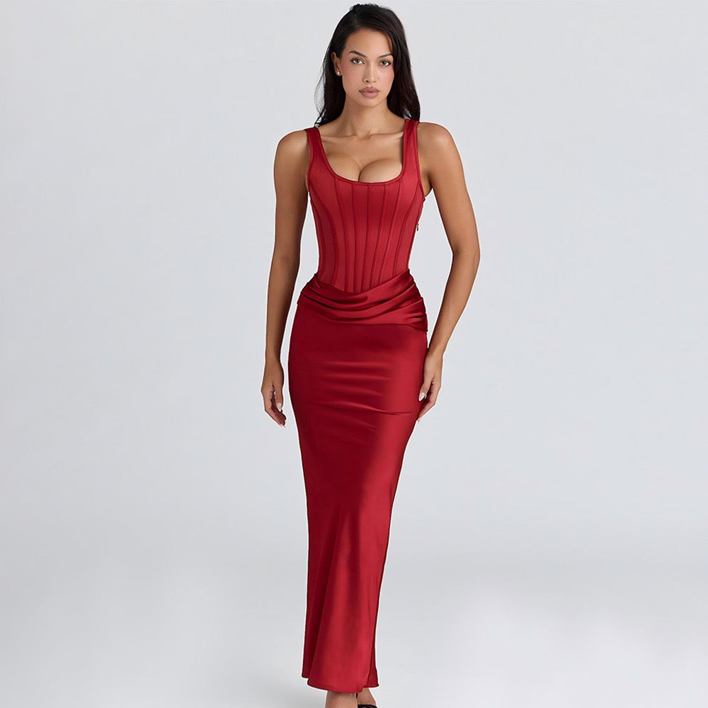 Maxi dress with satin pleats and bodice - Tamara