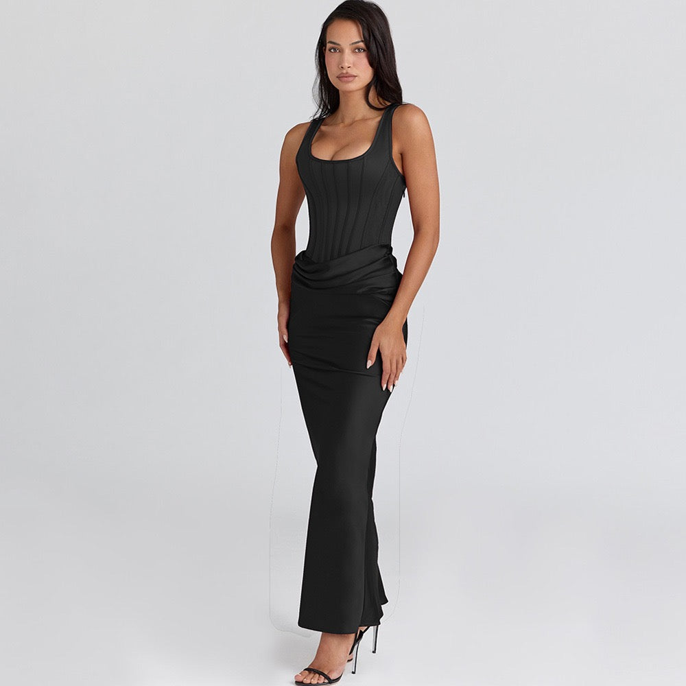 Maxi dress with satin pleats and bodice - Tamara