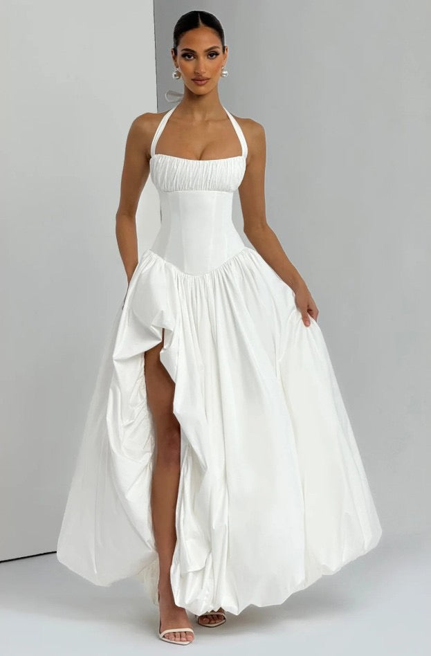 Maxi balloon dress with slit design and tie at the back - Bianca