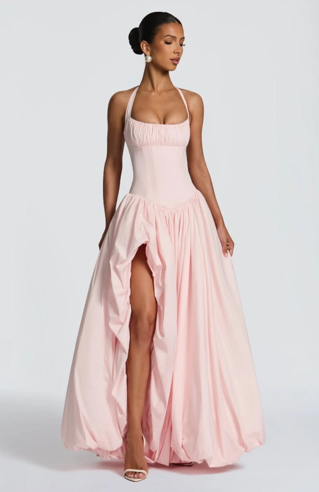 Maxi balloon dress with slit design and tie at the back - Bianca