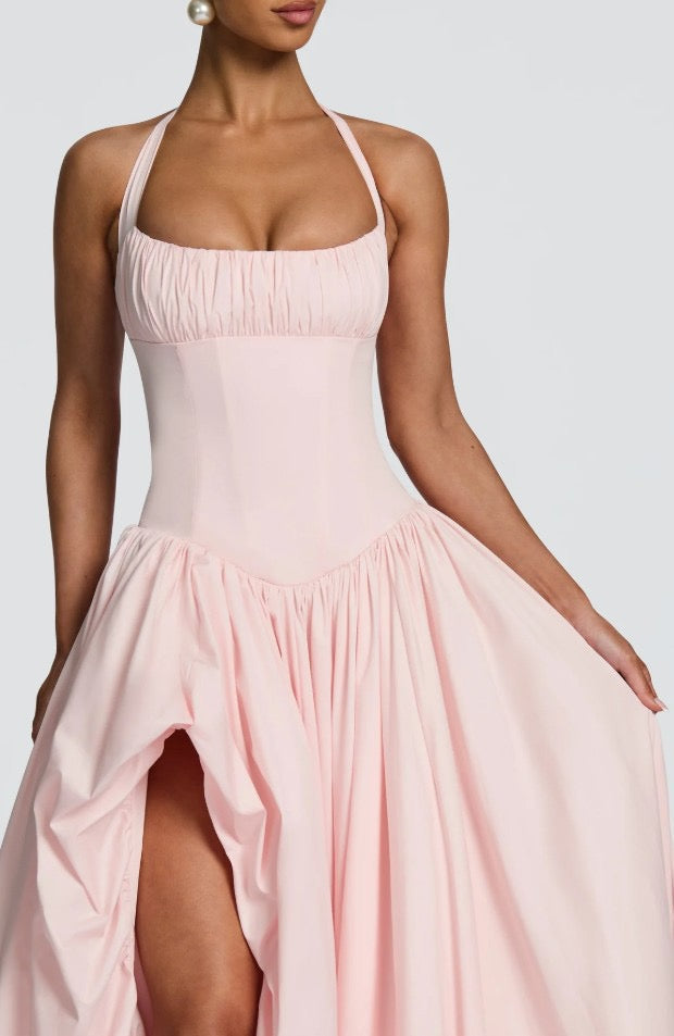 Maxi balloon dress with slit design and tie at the back - Bianca