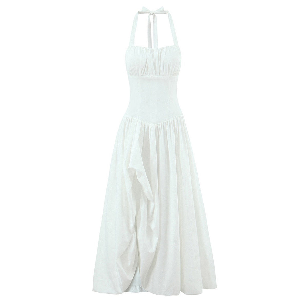 Maxi balloon dress with slit design and tie at the back - Bianca