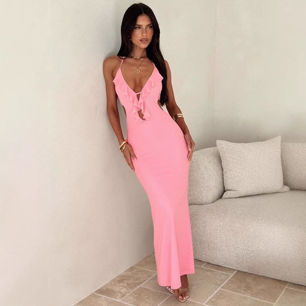 Maxi dress with ruffle decoration and open back ties - Viola