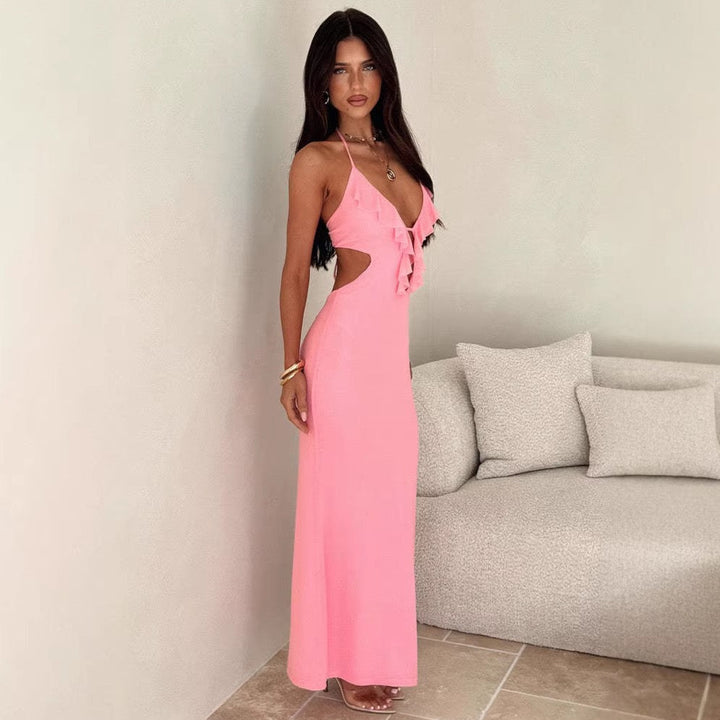 Maxi dress with ruffle decoration and open back ties - Viola