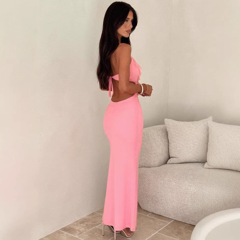 Maxi dress with ruffle decoration and open back ties - Viola