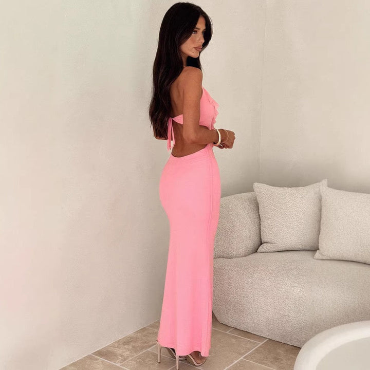 Maxi dress with ruffle decoration and open back ties - Viola