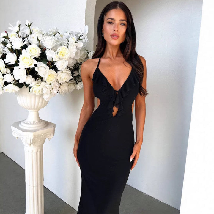 Maxi dress with ruffle decoration and open back ties - Viola