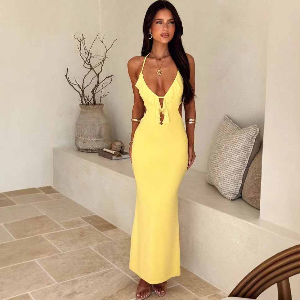 Maxi dress with ruffle decoration and open back ties - Viola