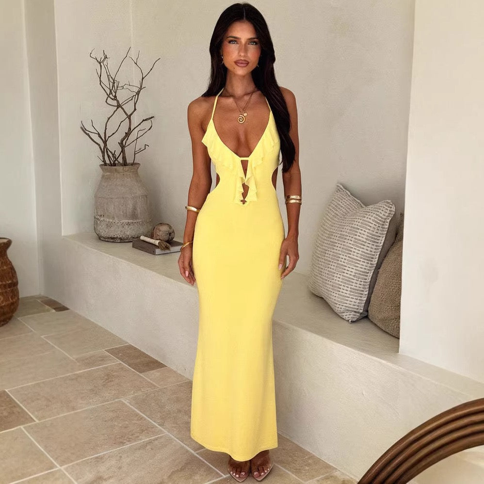 Maxi dress with ruffle decoration and open back ties - Viola