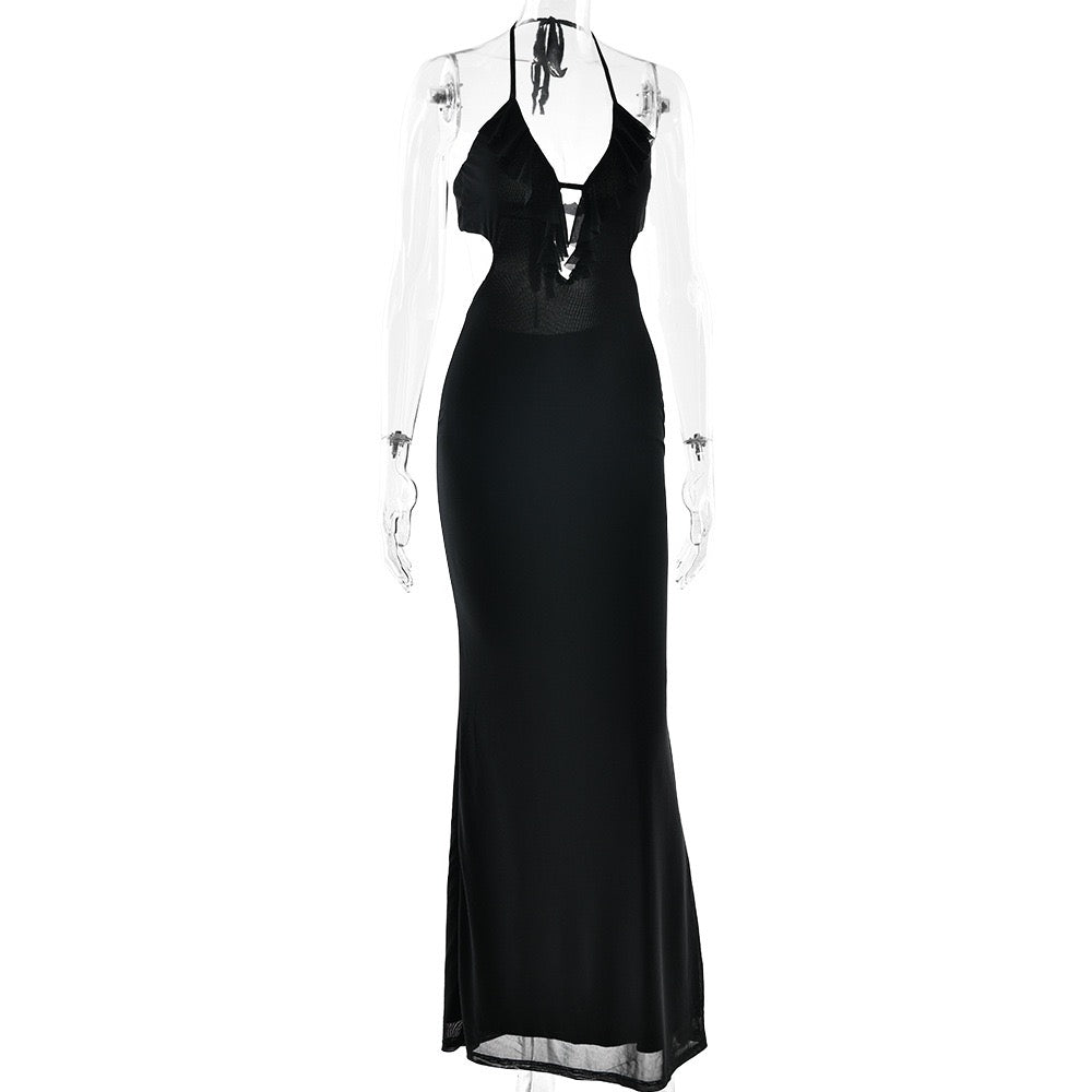 Maxi dress with ruffle decoration and open back ties - Viola