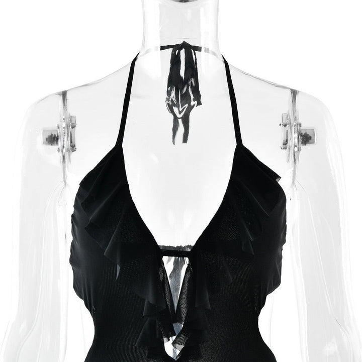 Maxi dress with ruffle decoration and open back ties - Viola