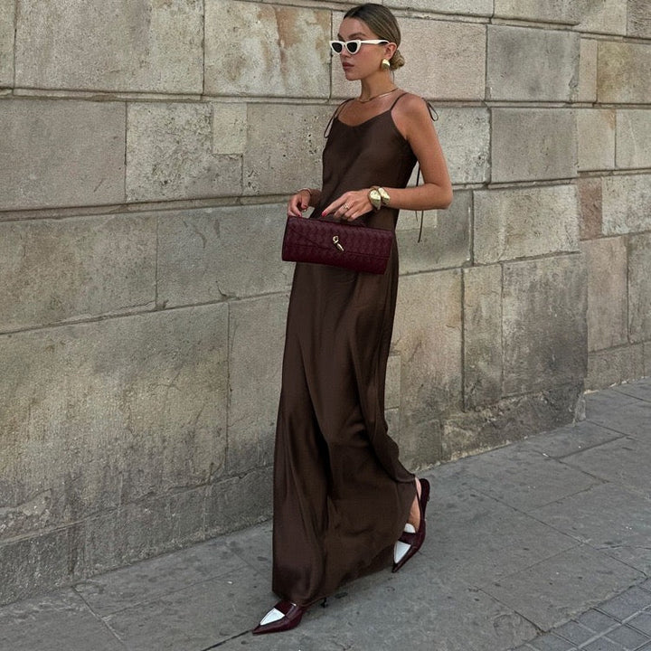 Satin maxi dress with tie straps – Lia