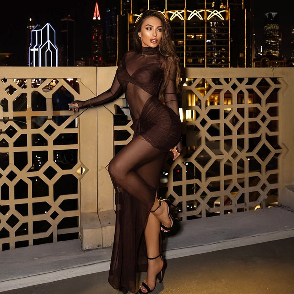 Maxi dress with mesh and gathers design - SARIELA