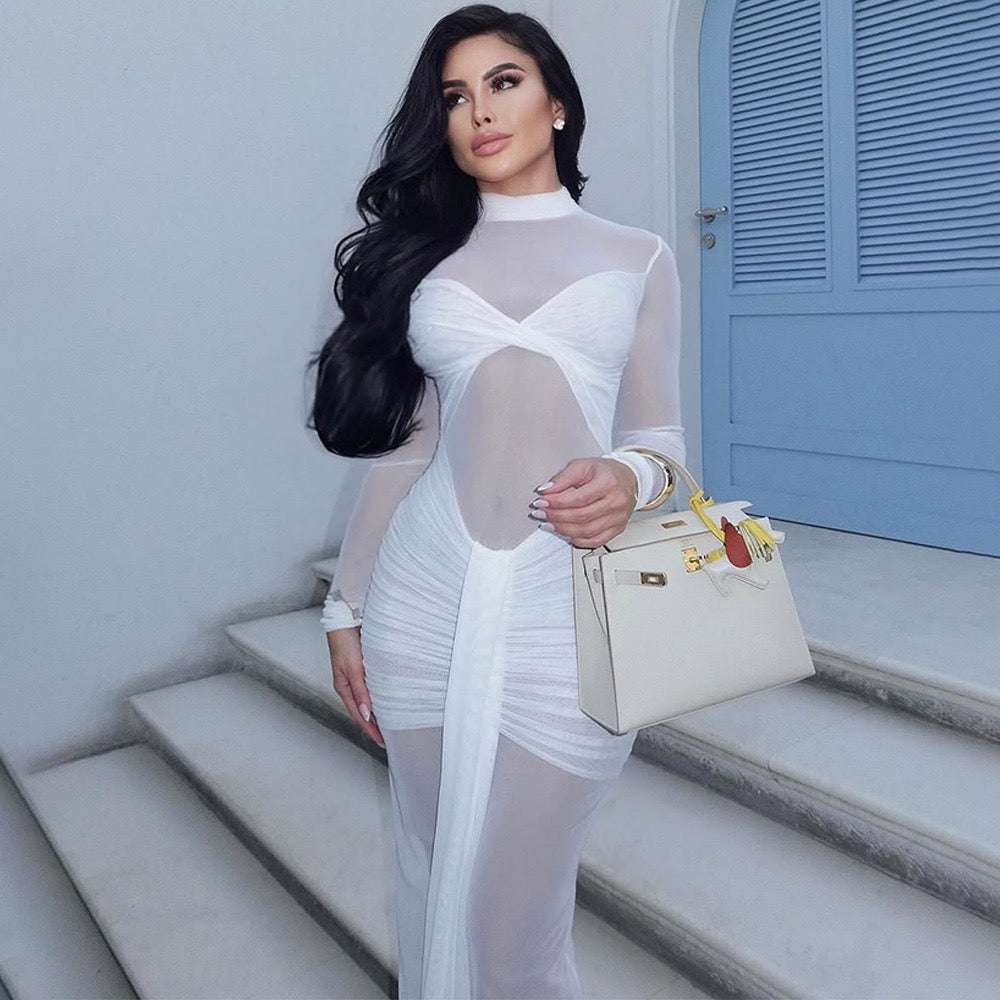Maxi dress with mesh and gathers design - SARIELA