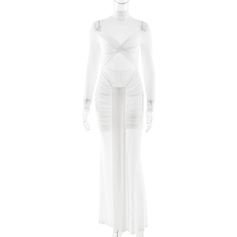 Maxi dress with mesh and gathers design - SARIELA