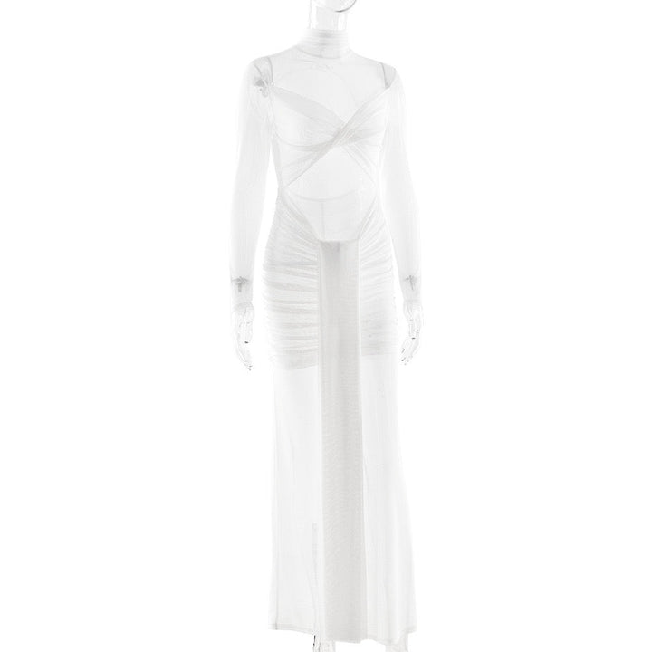 Maxi dress with mesh and gathers design - SARIELA