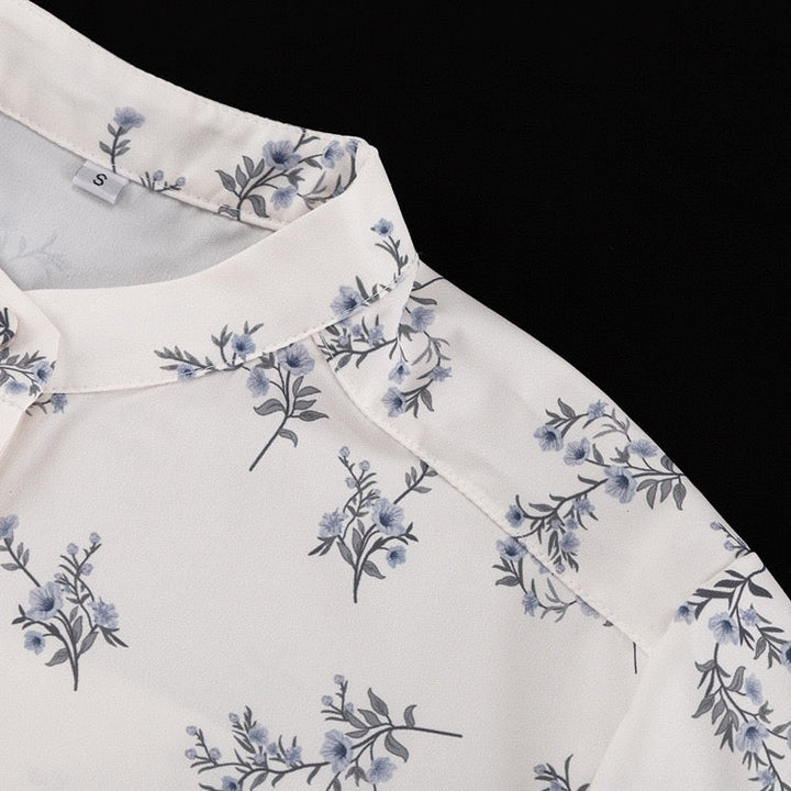 Luxurious French-style floral two-piece set with shorts and a button-down shirt – Nara