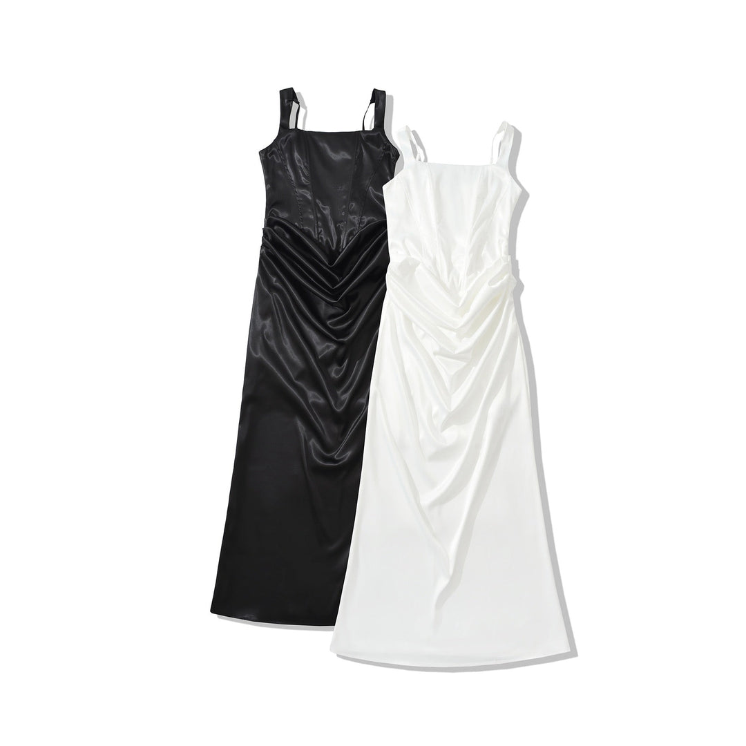 Maxi dress with satin pleats and a tie-back bodice for fastening at the waist - Loiana