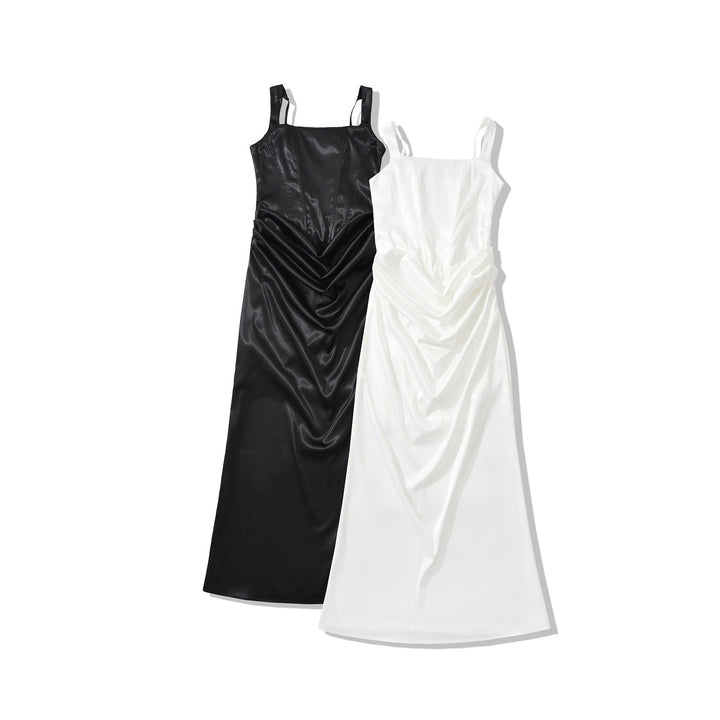 Maxi dress with satin pleats and a tie-back bodice for fastening at the waist - Loiana
