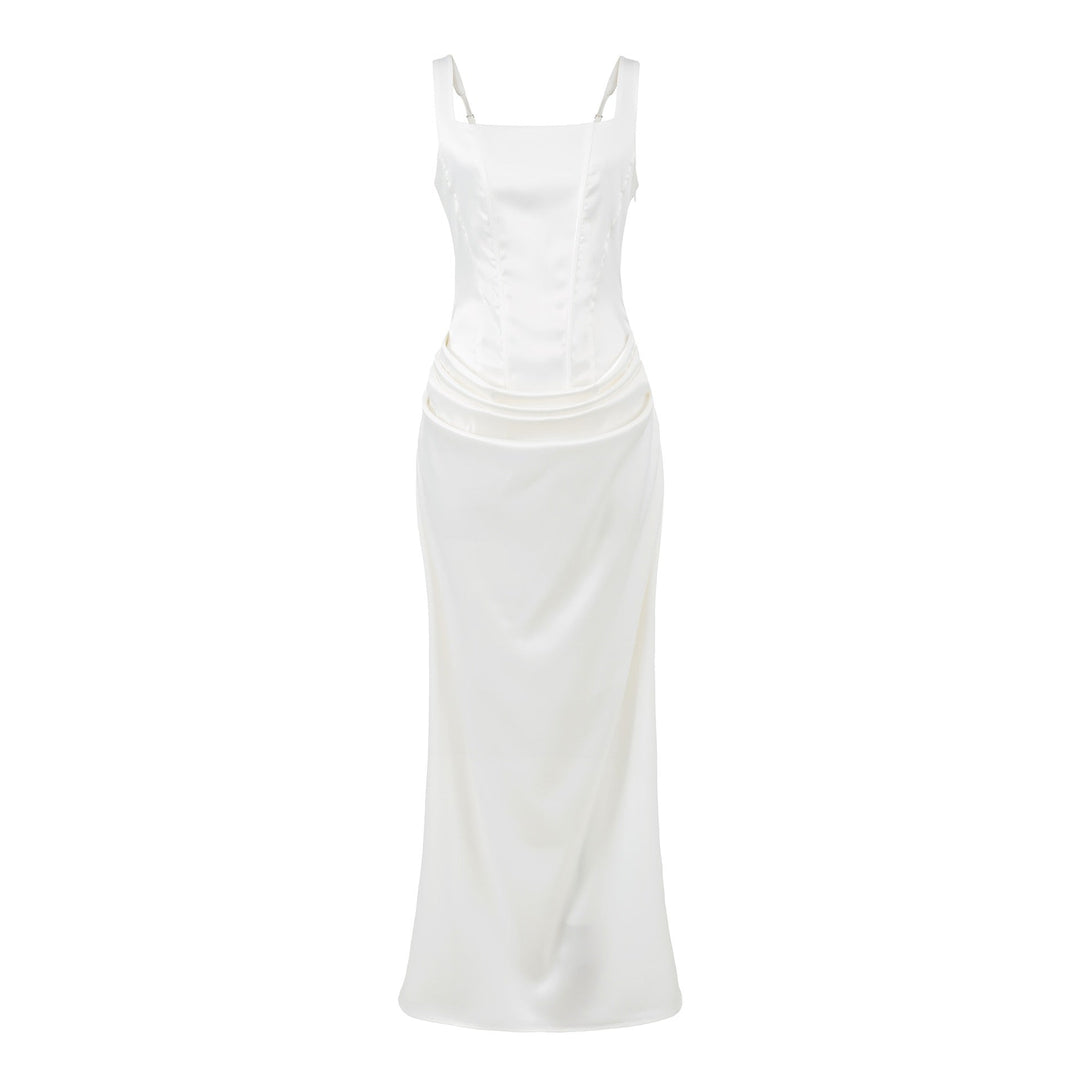 Maxi dress with satin pleats and a tie-back bodice for fastening at the waist - Loiana