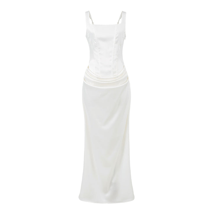 Maxi dress with satin pleats and a tie-back bodice for fastening at the waist - Loiana