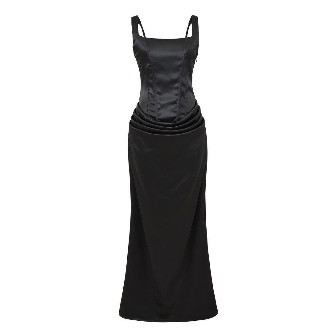 Maxi dress with satin pleats and a tie-back bodice for fastening at the waist - Loiana