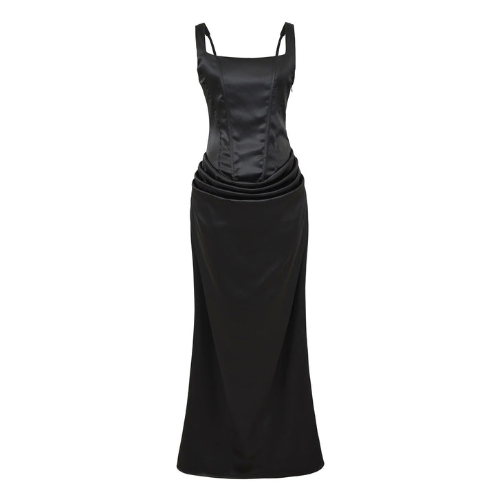Maxi dress with satin pleats and a tie-back bodice for fastening at the waist - Loiana