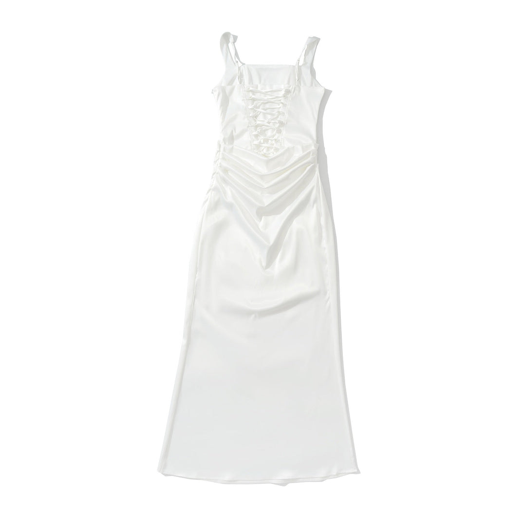 Maxi dress with satin pleats and a tie-back bodice for fastening at the waist - Loiana