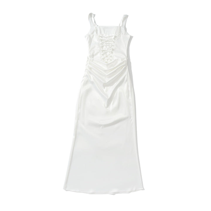Maxi dress with satin pleats and a tie-back bodice for fastening at the waist - Loiana